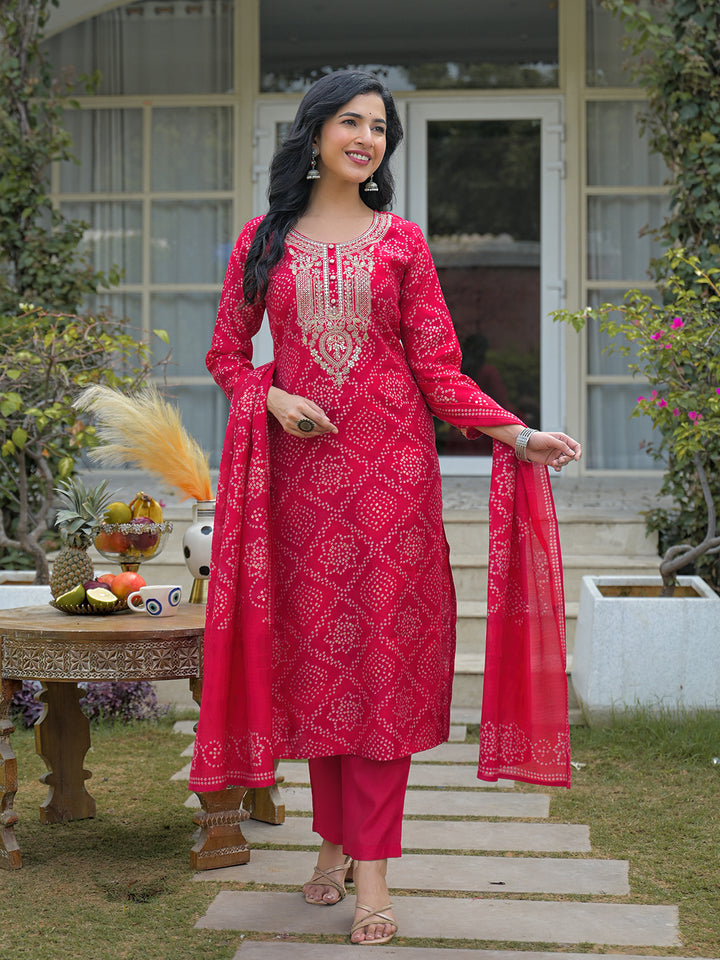 Red Silk Blend Bandhani Embroidered Straight 3-Piece Kurta Set