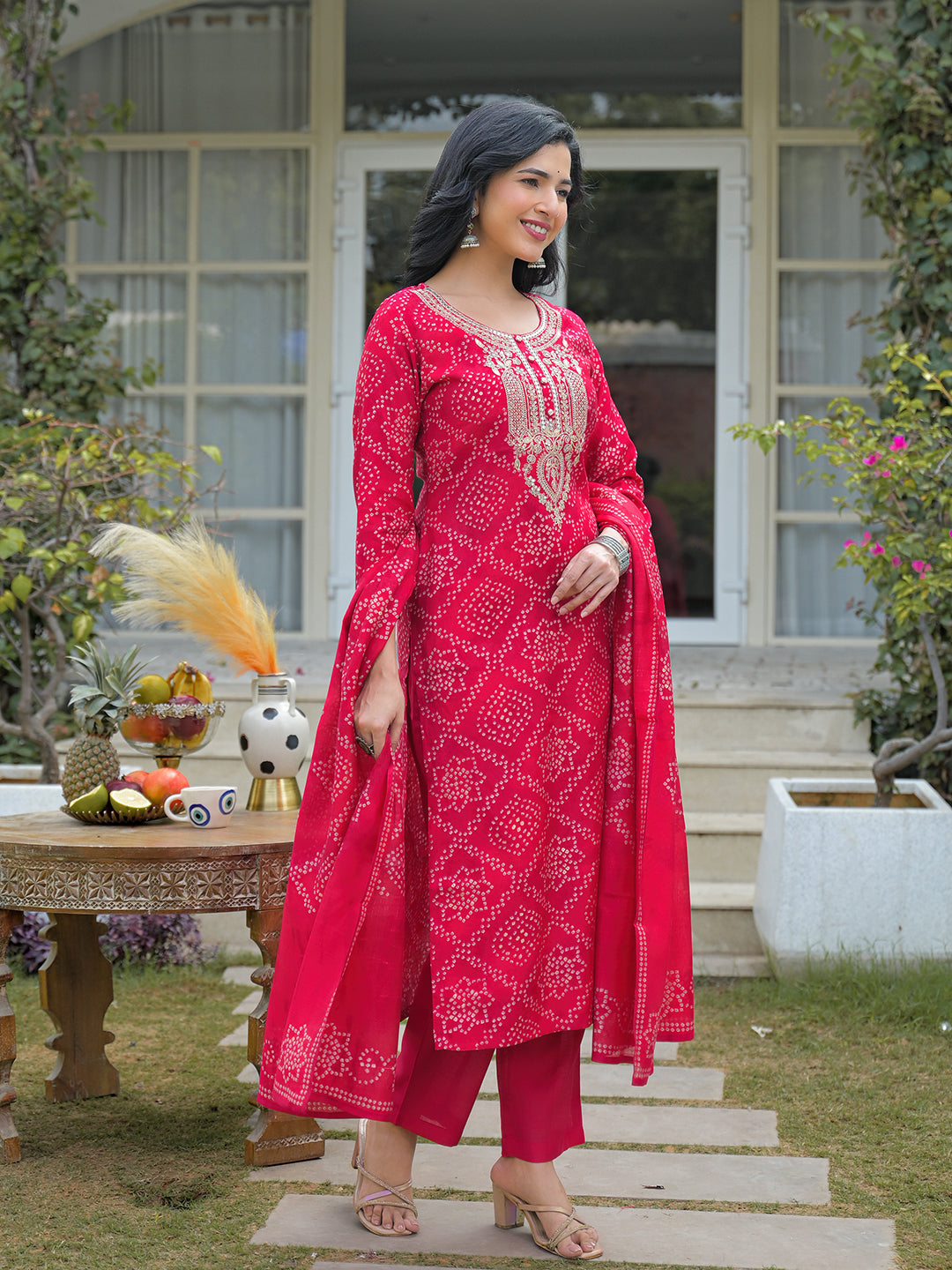 Red Silk Blend Bandhani Embroidered Straight 3-Piece Kurta Set