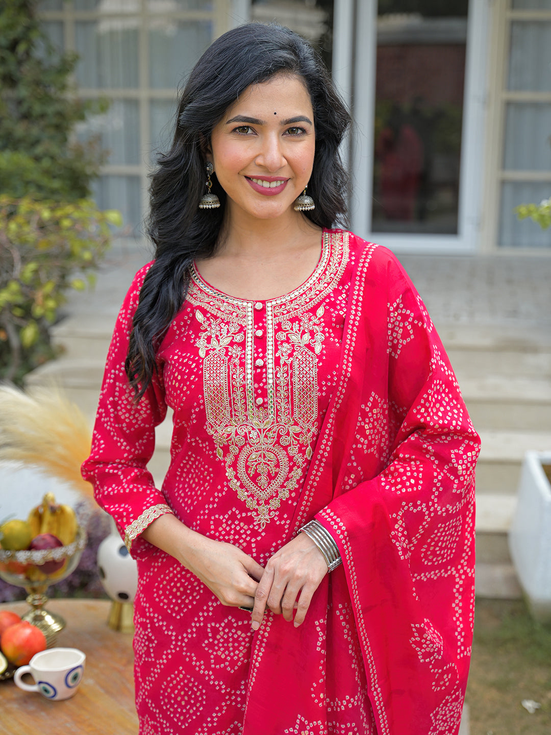 Red Silk Blend Bandhani Embroidered Straight 3-Piece Kurta Set