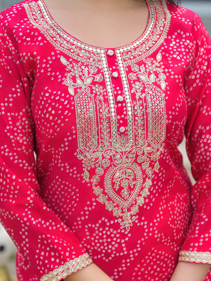 Red Silk Blend Bandhani Embroidered Straight 3-Piece Kurta Set