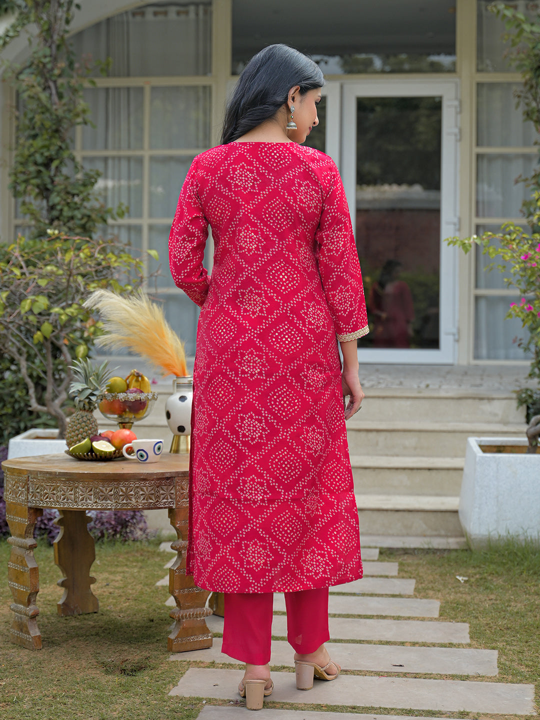 Red Silk Blend Bandhani Embroidered Straight 3-Piece Kurta Set