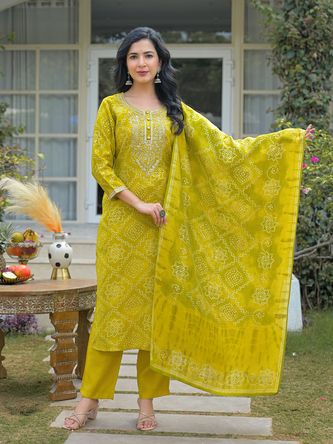 Yellow Silk Blend Bandhani Embroidered Straight 3-Piece Kurta Set