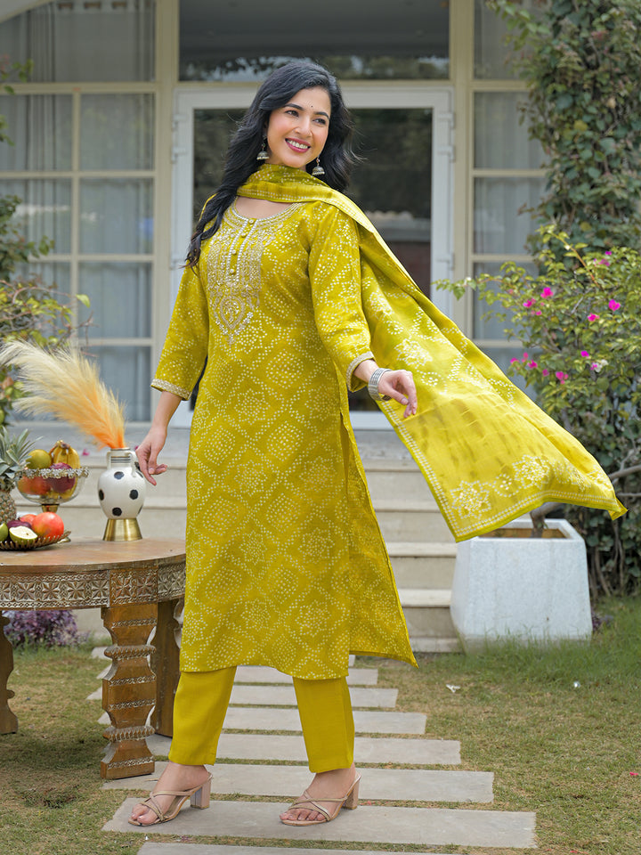 Yellow Silk Blend Bandhani Embroidered Straight 3-Piece Kurta Set