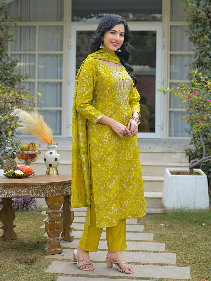 Yellow Silk Blend Bandhani Embroidered Straight 3-Piece Kurta Set