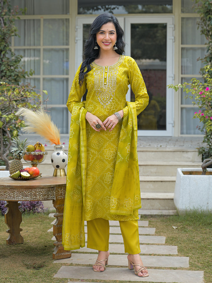 Yellow Silk Blend Bandhani Embroidered Straight 3-Piece Kurta Set