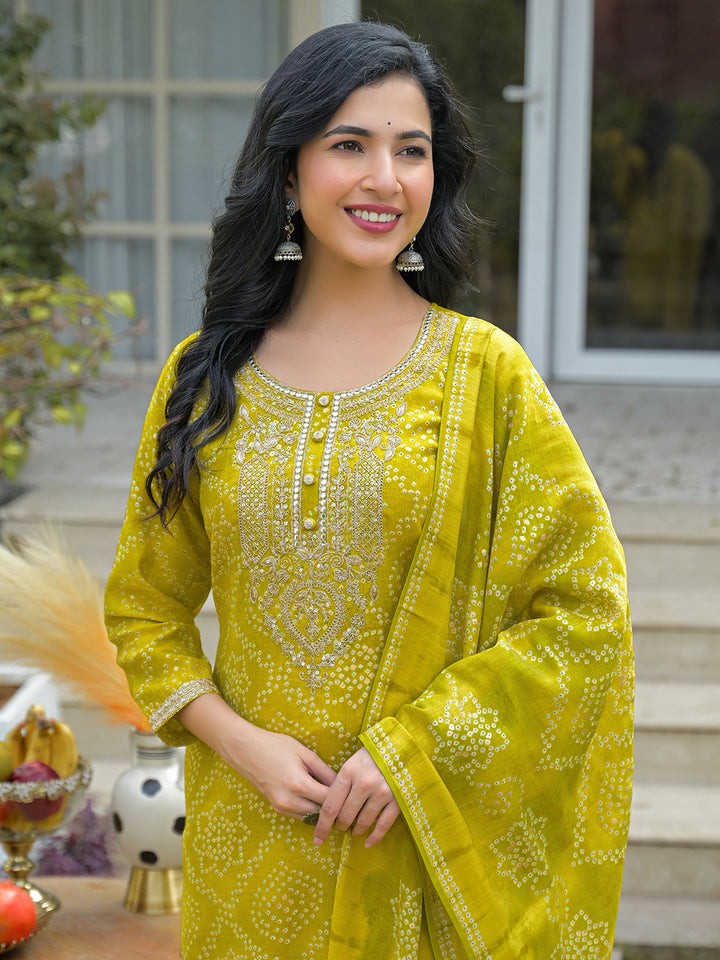 Yellow Silk Blend Bandhani Embroidered Straight 3-Piece Kurta Set