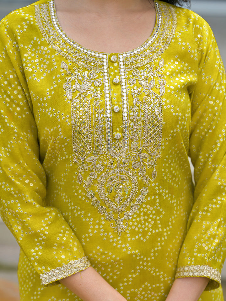 Yellow Silk Blend Bandhani Embroidered Straight 3-Piece Kurta Set