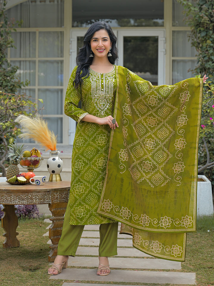 Green Silk Blend Bandhani Embroidered Straight 3-Piece Kurta Set