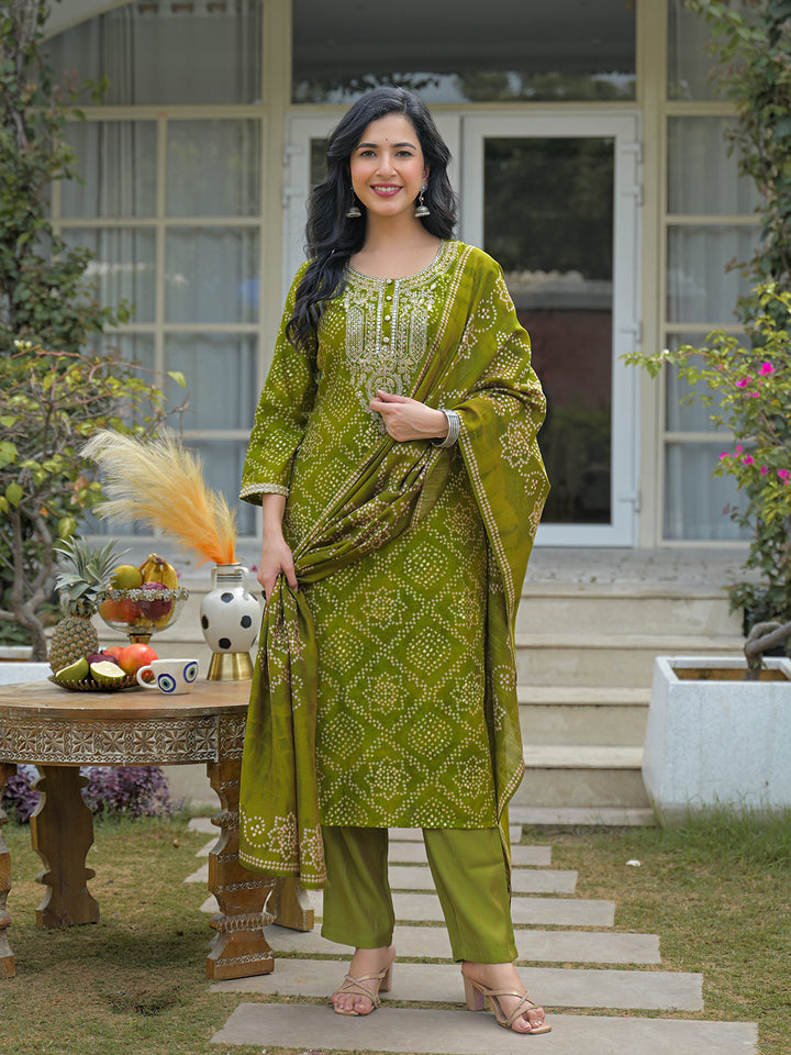 Green Silk Blend Bandhani Embroidered Straight 3-Piece Kurta Set
