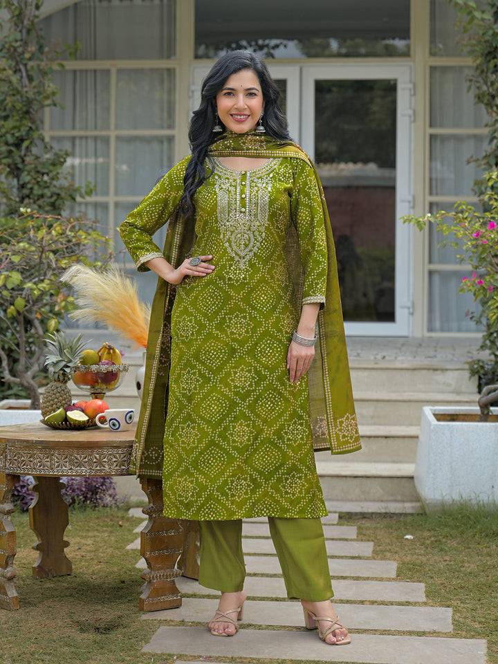 Green Silk Blend Bandhani Embroidered Straight 3-Piece Kurta Set