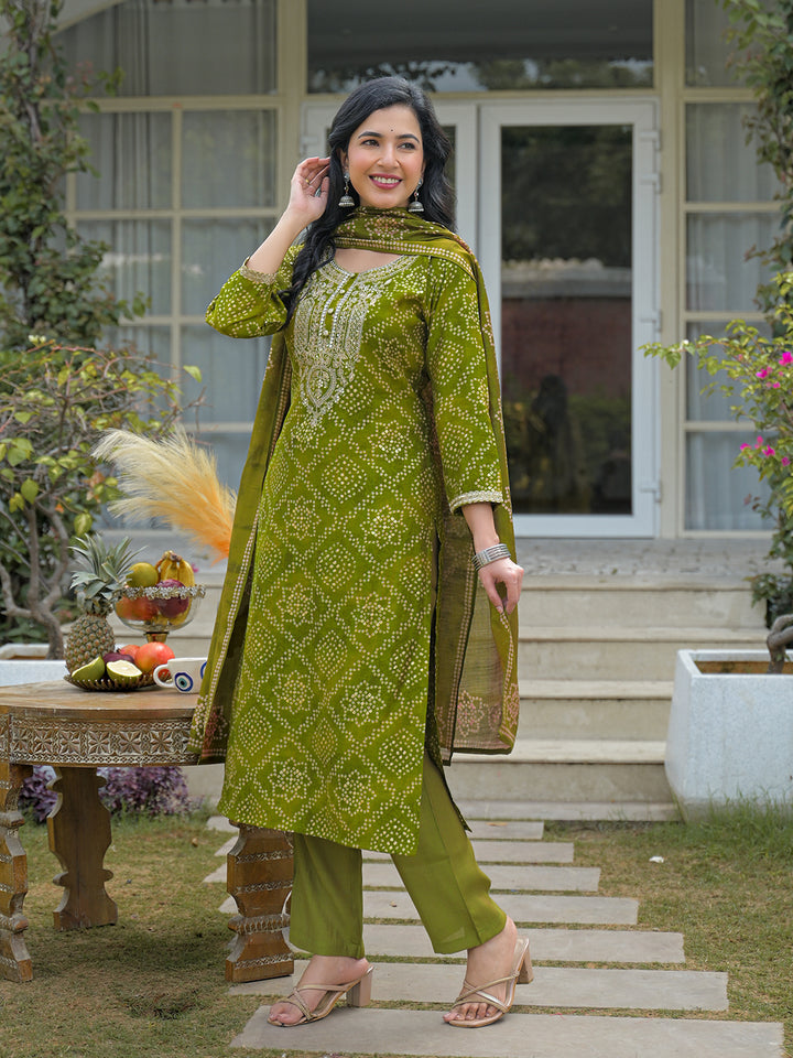 Green Silk Blend Bandhani Embroidered Straight 3-Piece Kurta Set