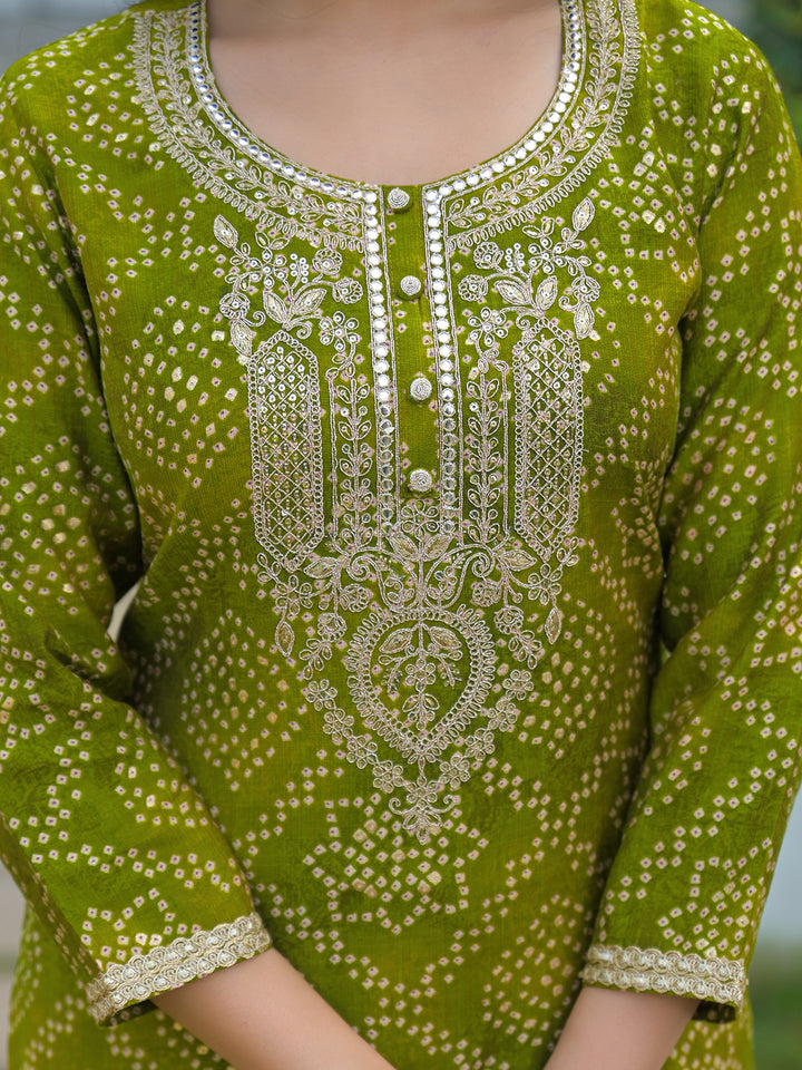 Green Silk Blend Bandhani Embroidered Straight 3-Piece Kurta Set