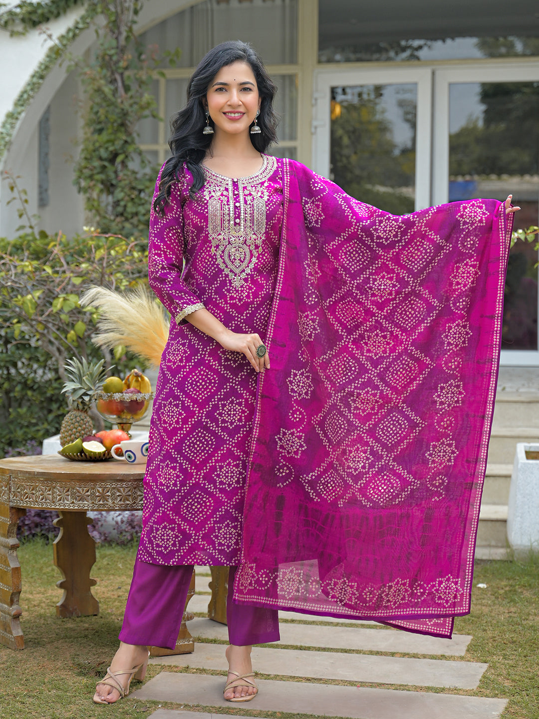 Purple Silk Blend Bandhani Embroidered Straight 3-Piece Kurta Set