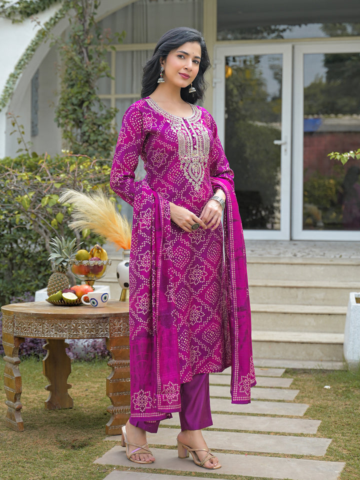 Purple Silk Blend Bandhani Embroidered Straight 3-Piece Kurta Set