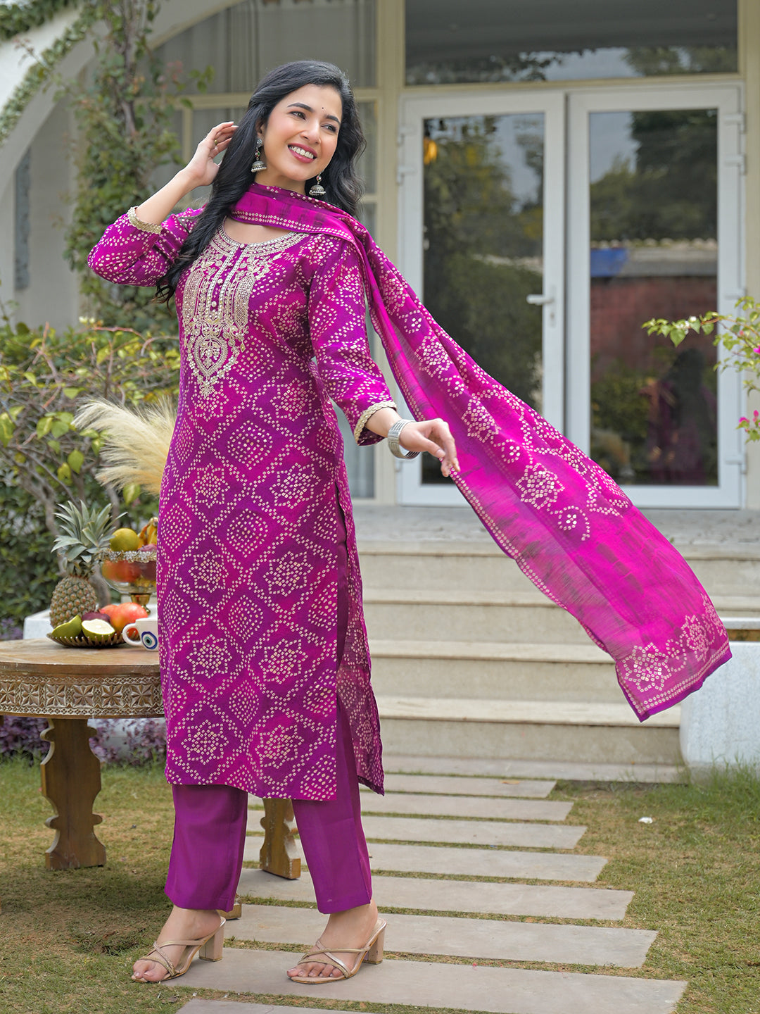 Purple Silk Blend Bandhani Embroidered Straight 3-Piece Kurta Set