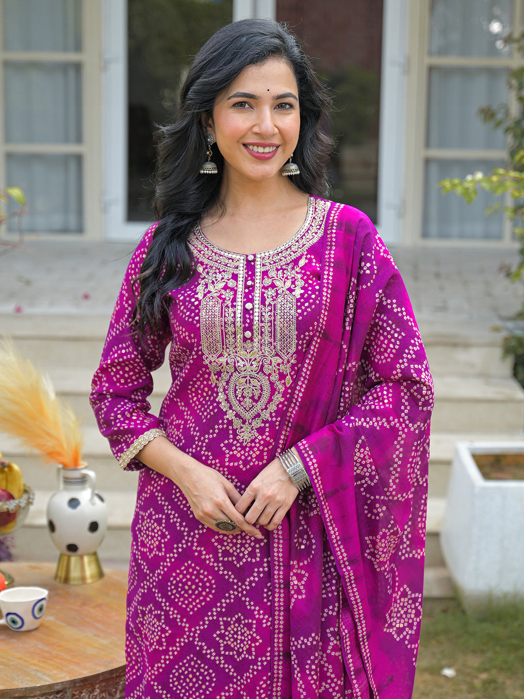 Purple Silk Blend Bandhani Embroidered Straight 3-Piece Kurta Set