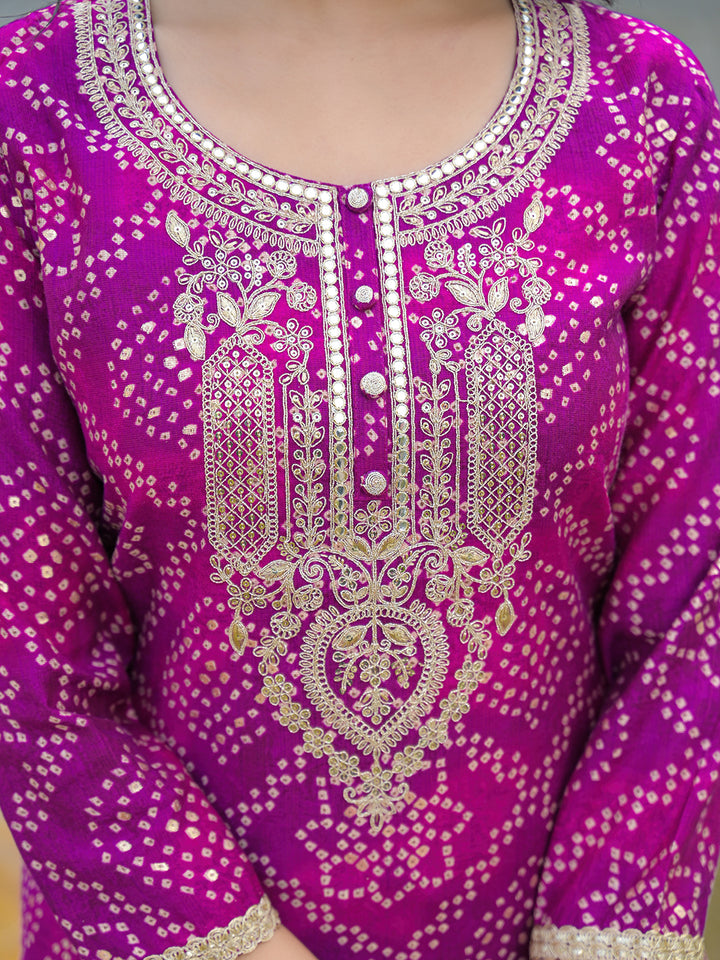 Purple Silk Blend Bandhani Embroidered Straight 3-Piece Kurta Set