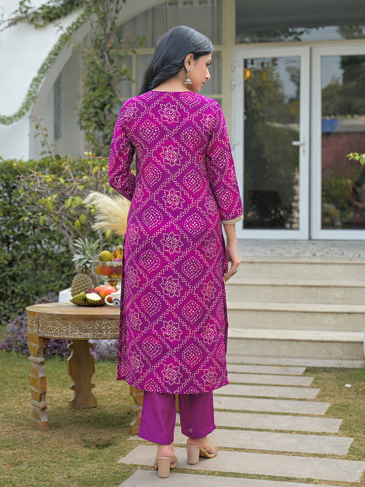 Purple Silk Blend Bandhani Embroidered Straight 3-Piece Kurta Set