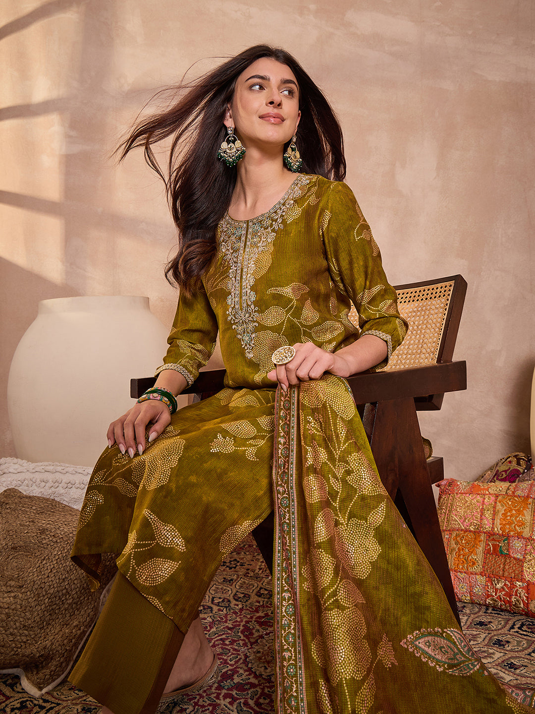 Green Silk Blend Floral Printed Straight Kurta Trouser With Dupatta