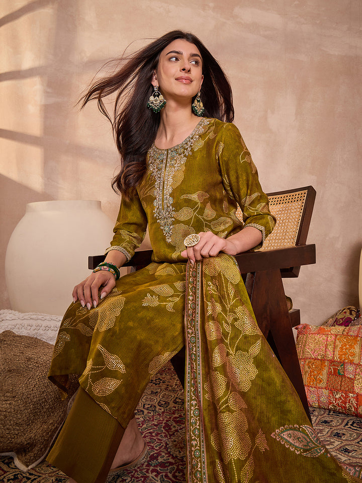 Green Silk Blend Floral Printed Straight Kurta Trouser With Dupatta