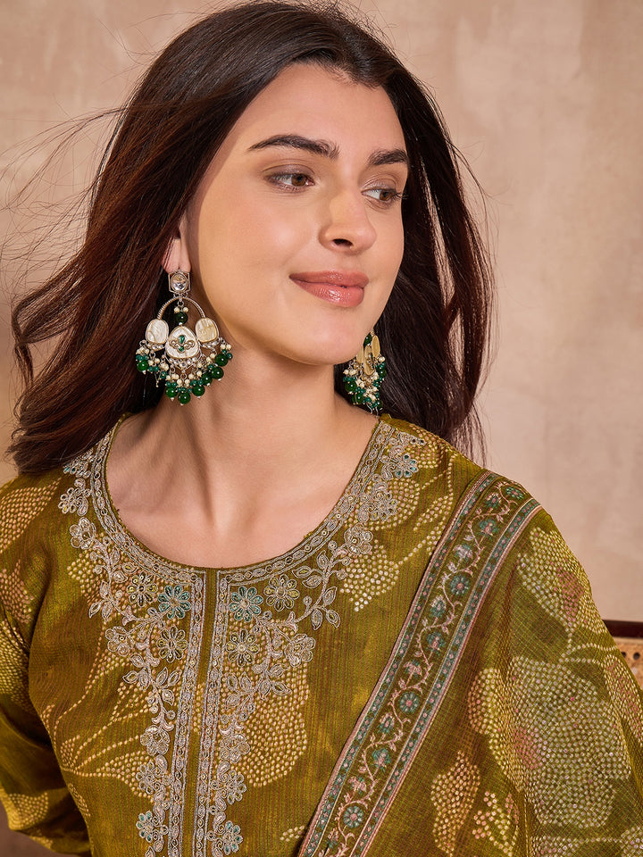 Green Silk Blend Floral Printed Straight Kurta Trouser With Dupatta
