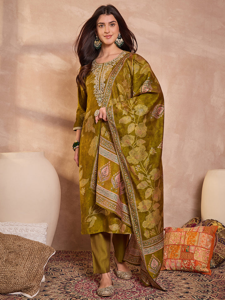 Green Silk Blend Floral Printed Straight Kurta Trouser With Dupatta