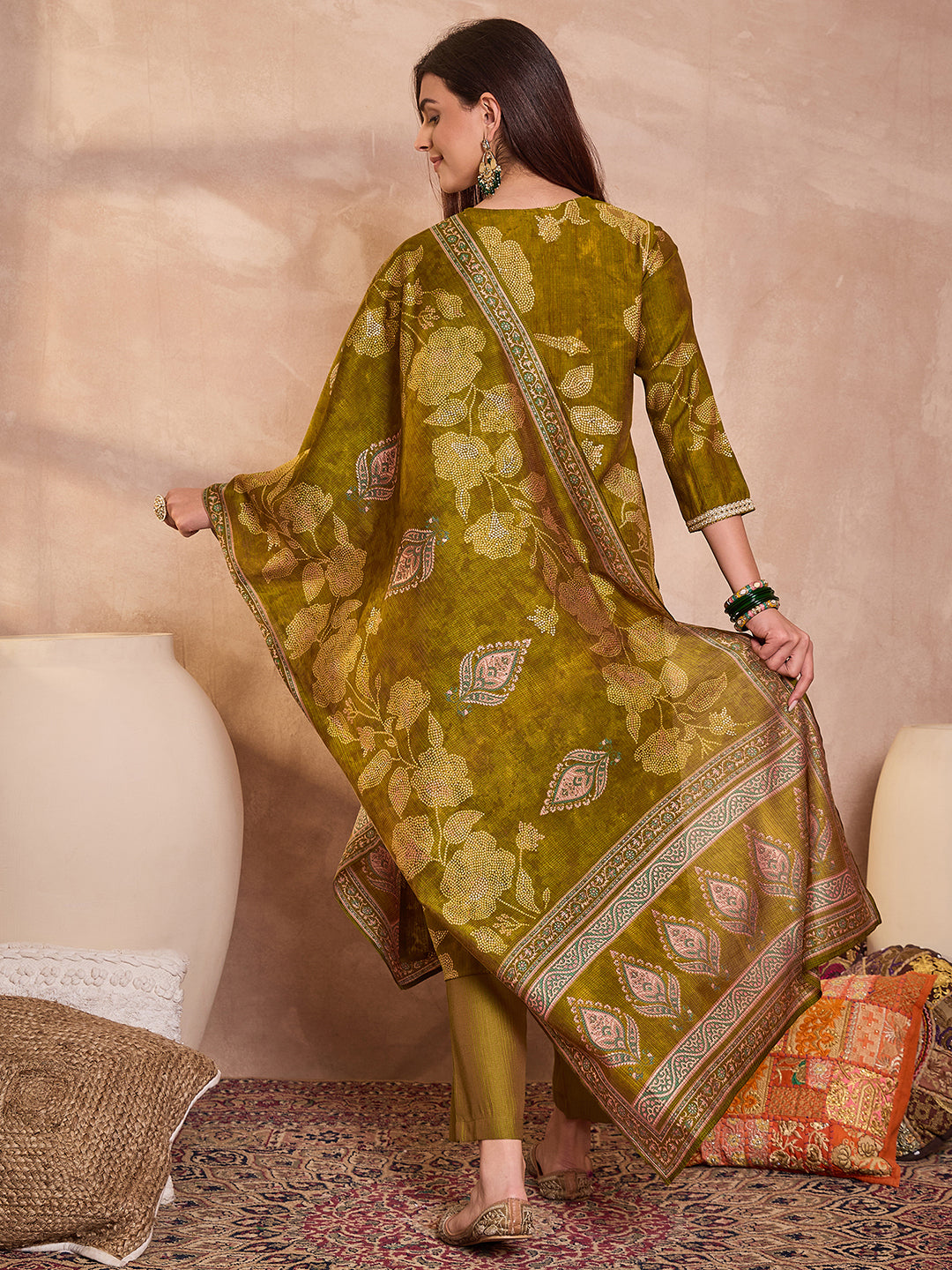 Green Silk Blend Floral Printed Straight Kurta Trouser With Dupatta