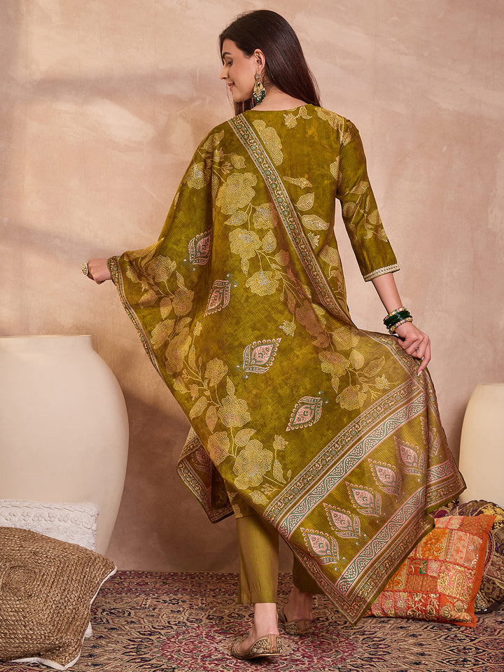 Green Silk Blend Floral Printed Straight Kurta Trouser With Dupatta