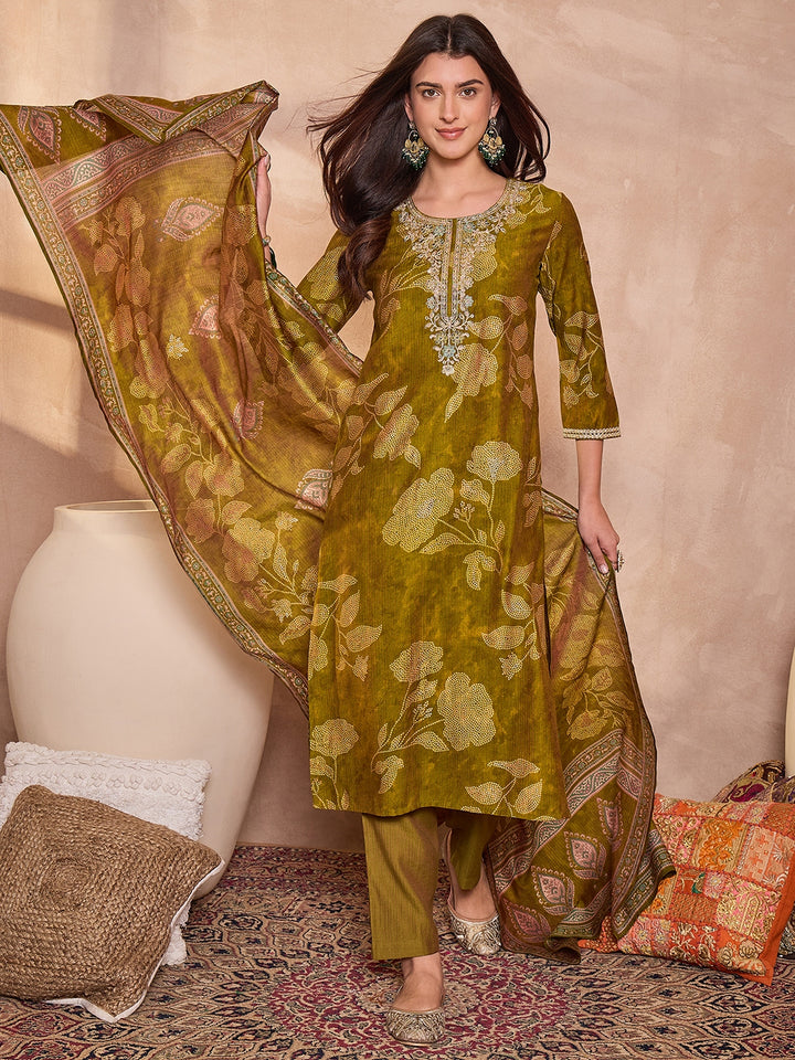 Green Silk Blend Floral Printed Straight Kurta Trouser With Dupatta