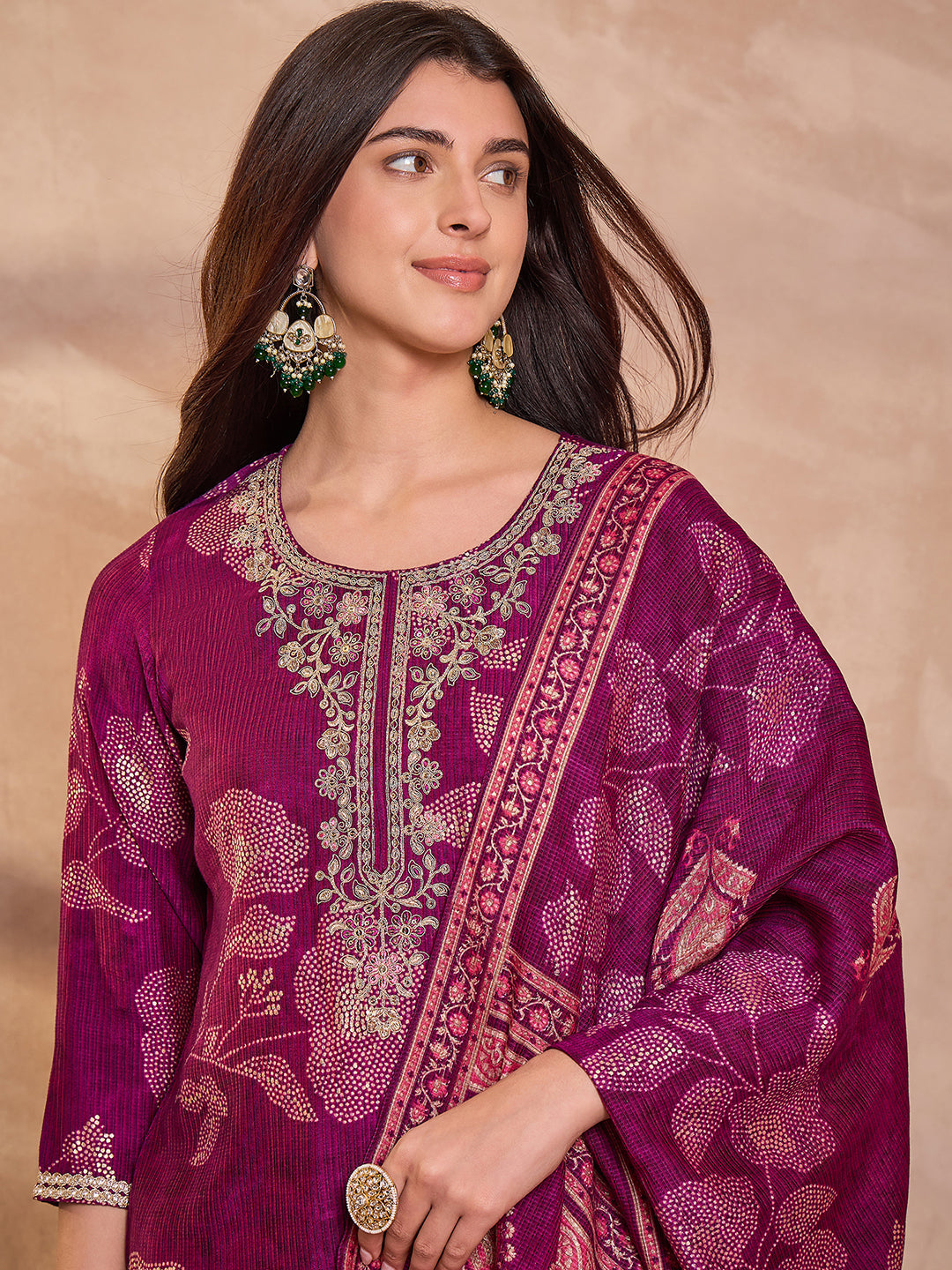 Purple Silk Blend Floral Printed Straight Kurta Trouser With Dupatta