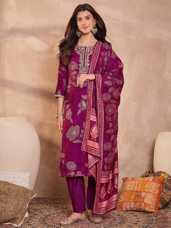 Purple Silk Blend Floral Printed Straight Kurta Trouser With Dupatta
