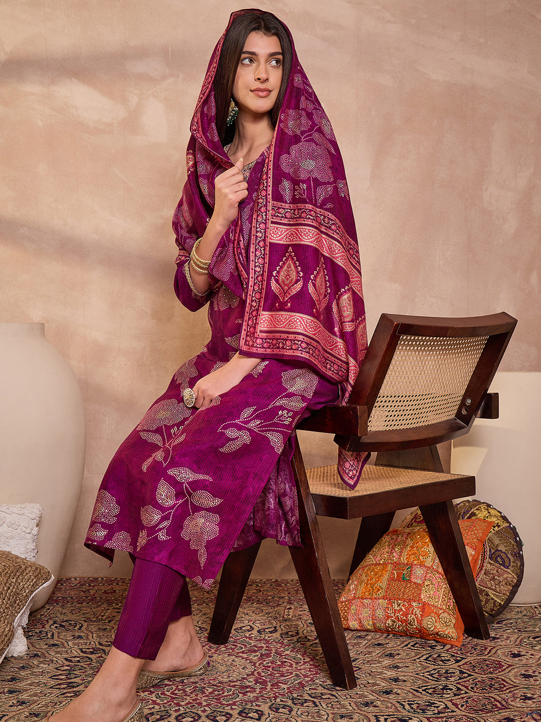 Purple Silk Blend Floral Printed Straight Kurta Trouser With Dupatta