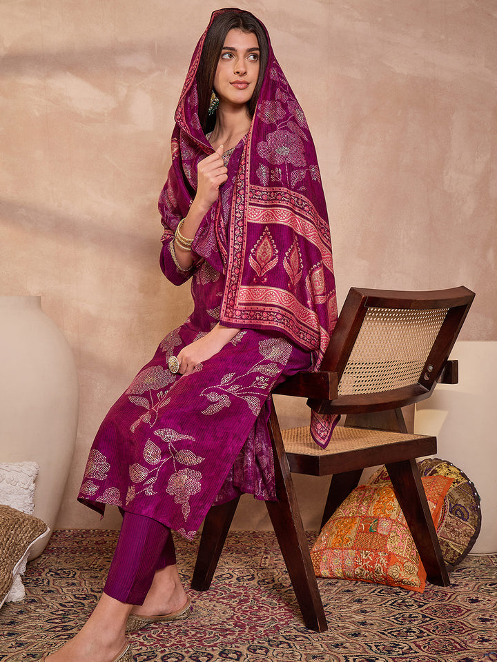 Purple Silk Blend Floral Printed Straight Kurta Trouser With Dupatta