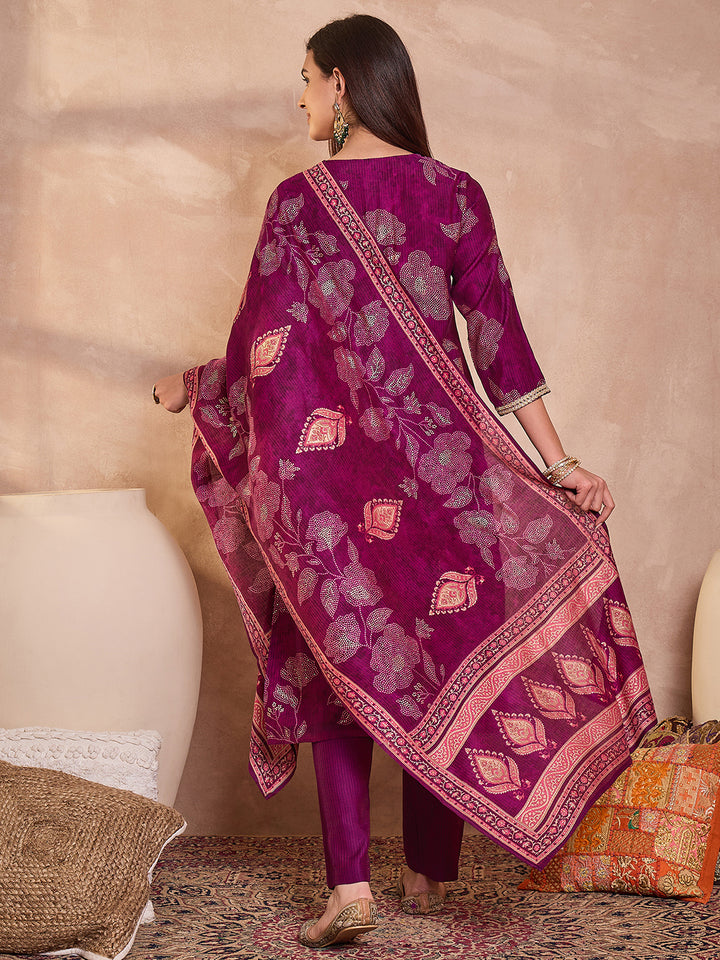 Purple Silk Blend Floral Printed Straight Kurta Trouser With Dupatta