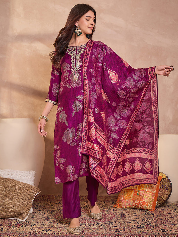 Purple Silk Blend Floral Printed Straight Kurta Trouser With Dupatta