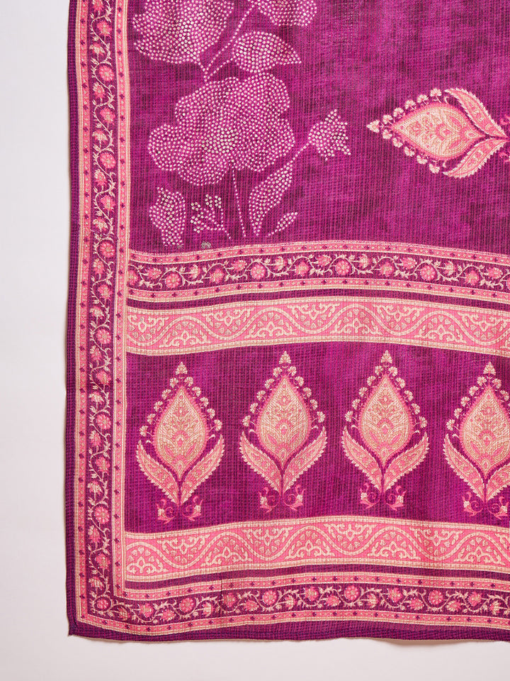 Purple Silk Blend Floral Printed Straight Kurta Trouser With Dupatta