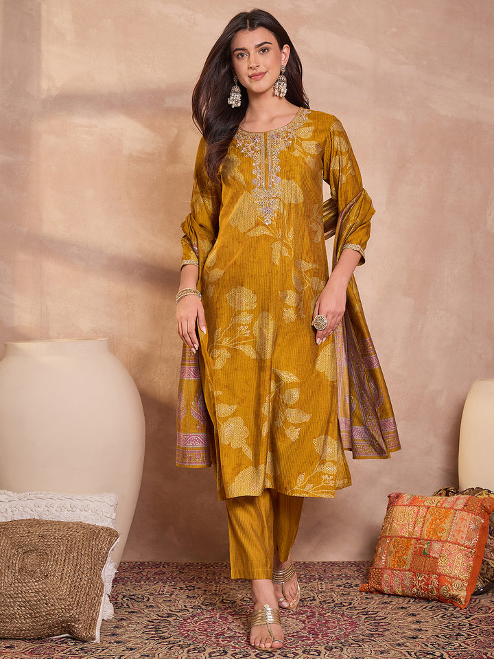 Mustard Silk Blend Floral Printed Straight Kurta Trouser With Dupatta