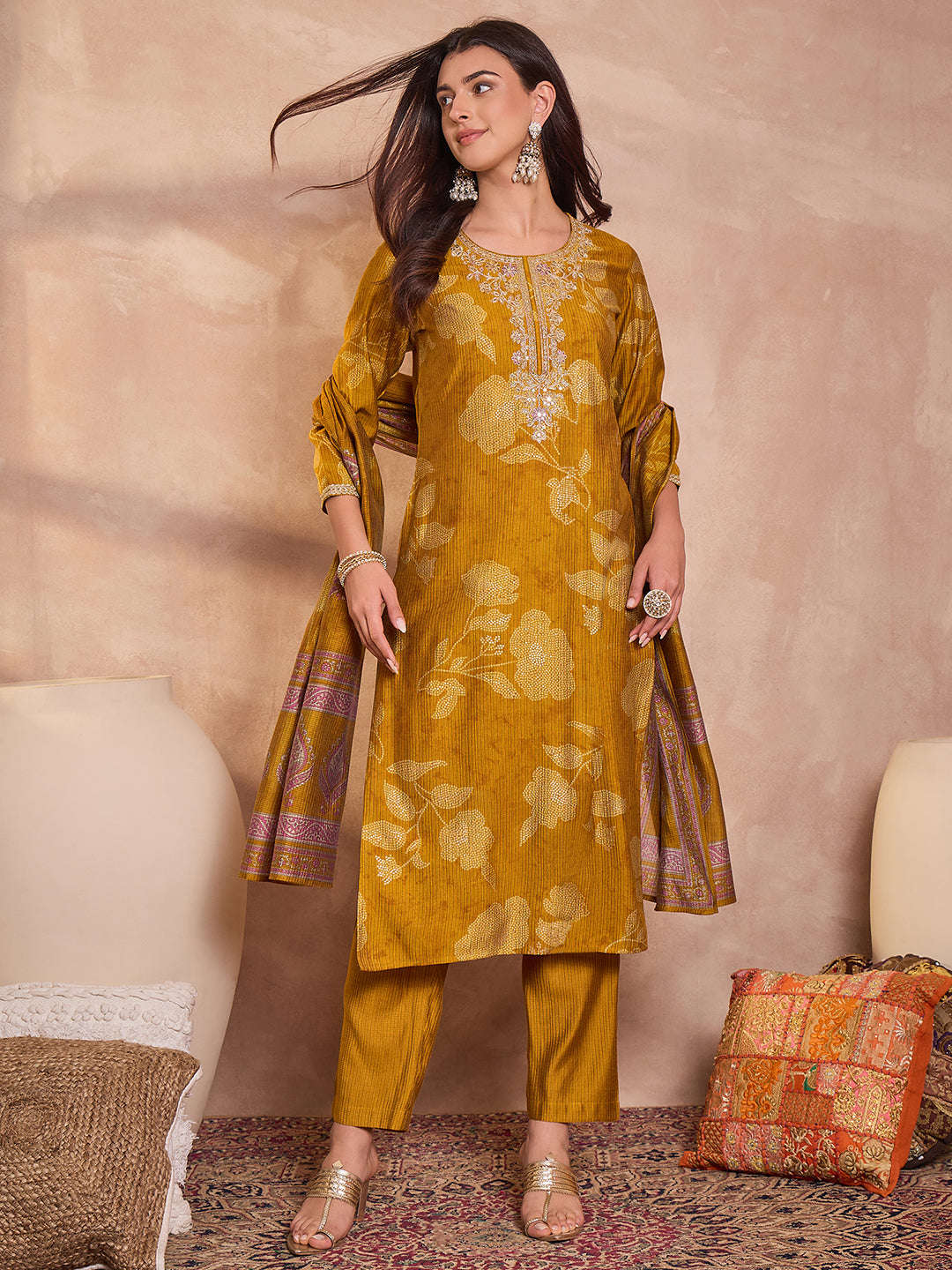 Mustard Silk Blend Floral Printed Straight Kurta Trouser With Dupatta