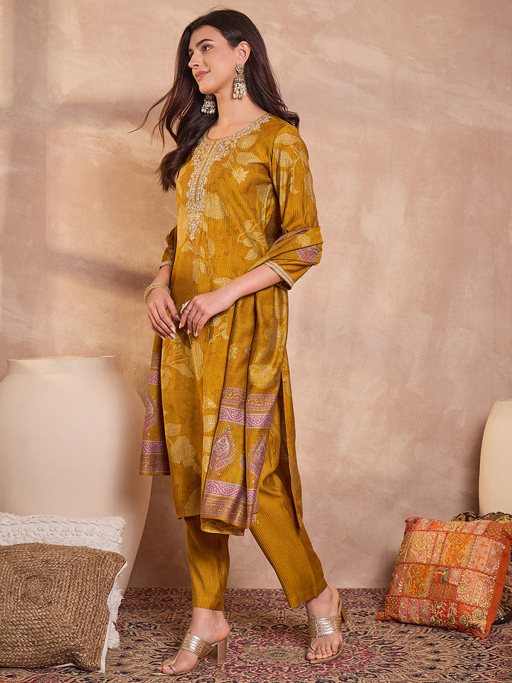 Mustard Silk Blend Floral Printed Straight Kurta Trouser With Dupatta