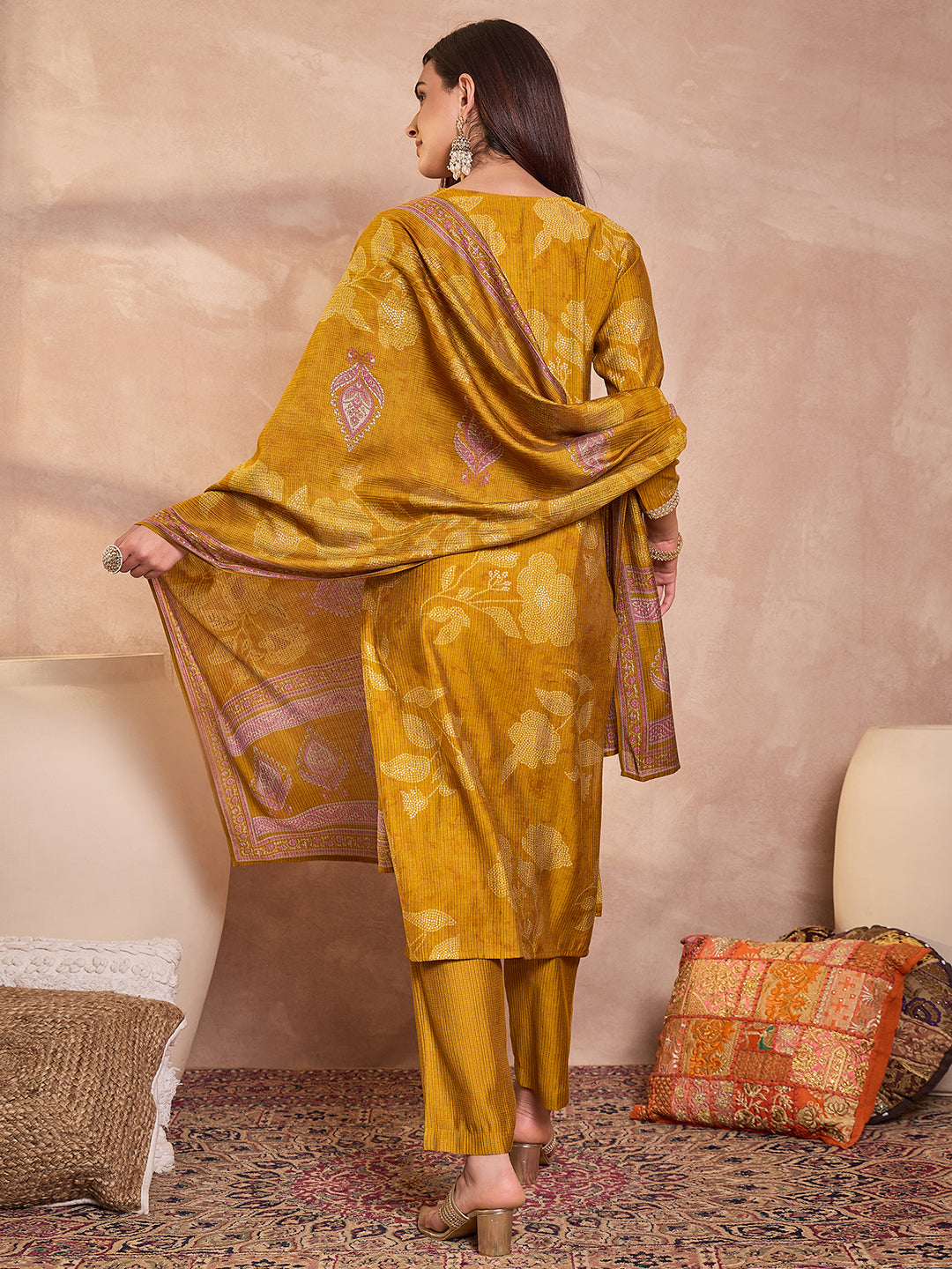 Mustard Silk Blend Floral Printed Straight Kurta Trouser With Dupatta