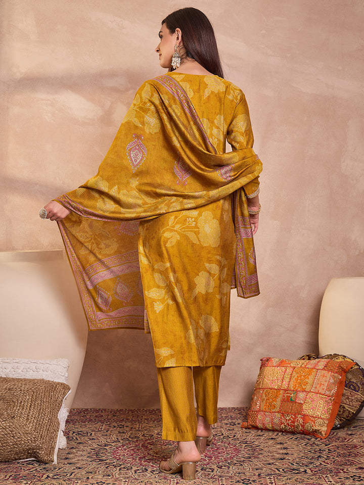 Mustard Silk Blend Floral Printed Straight Kurta Trouser With Dupatta