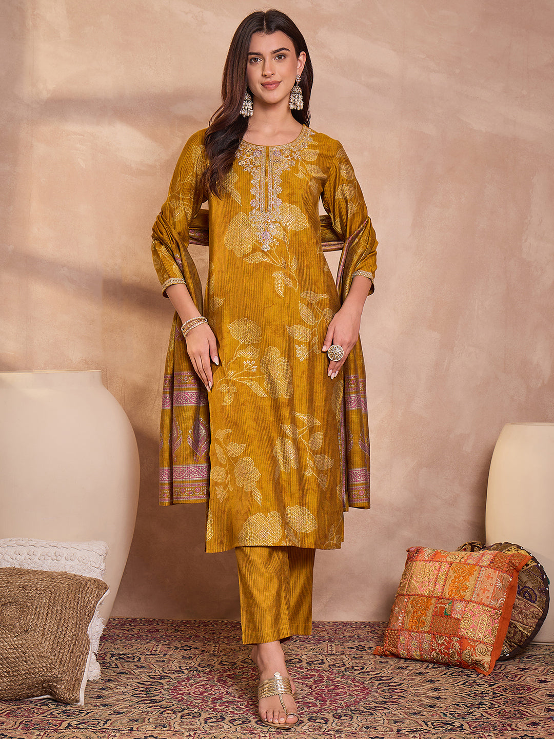 Mustard Silk Blend Floral Printed Straight Kurta Trouser With Dupatta