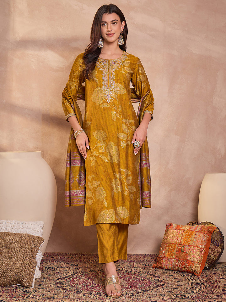 Mustard Silk Blend Floral Printed Straight Kurta Trouser With Dupatta