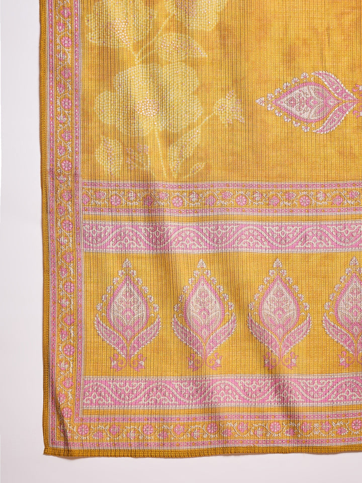 Mustard Silk Blend Floral Printed Straight Kurta Trouser With Dupatta
