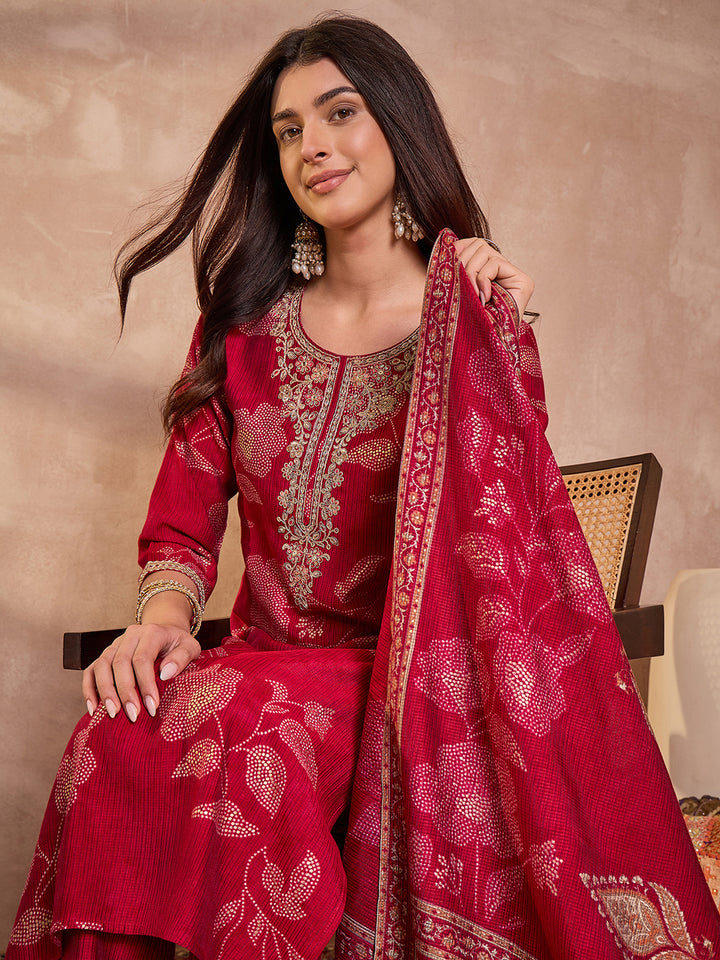 Pink Silk Blend Floral Printed Straight Kurta Trouser With Dupatta