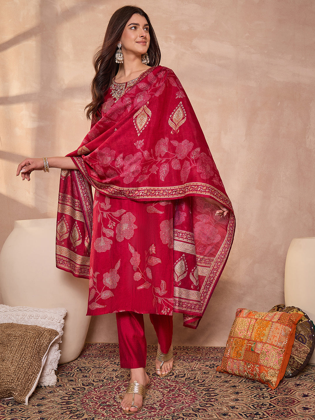 Pink Silk Blend Floral Printed Straight Kurta Trouser With Dupatta