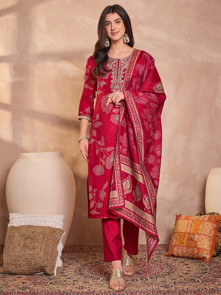 Pink Silk Blend Floral Printed Straight Kurta Trouser With Dupatta