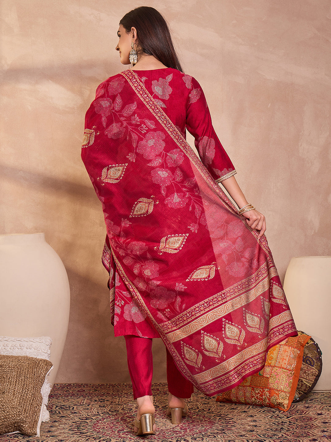 Pink Silk Blend Floral Printed Straight Kurta Trouser With Dupatta