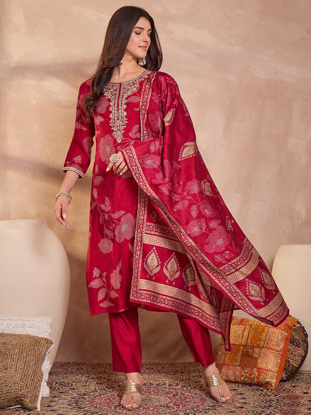 Pink Silk Blend Floral Printed Straight Kurta Trouser With Dupatta
