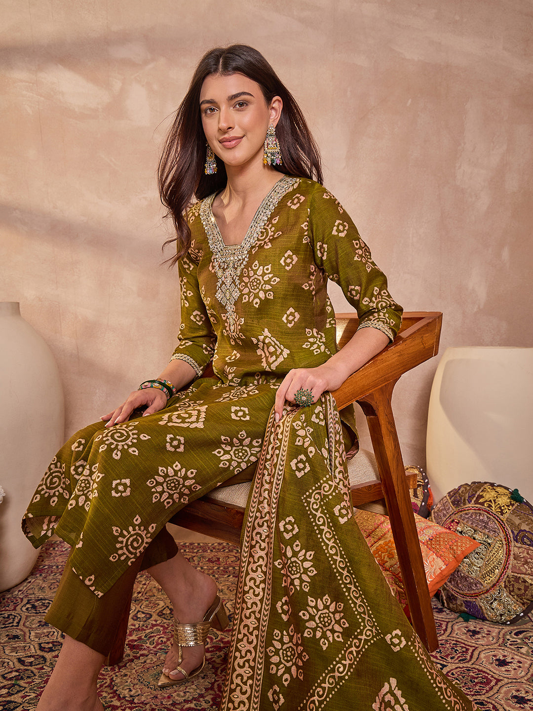 Green Floral Printed Kurta With Trousers And Dupatta
